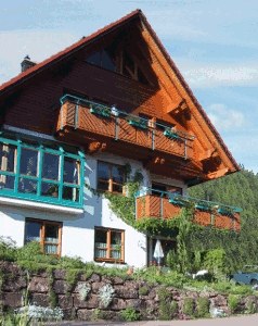 Unser Haus mit Holzbalkonen am Waldrand